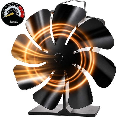 Relaxdays Stove Fan, Power-Free, 8 Blades, HWD: 18x17x10 cm, with Thermometer, Aluminium, Black (1/5)