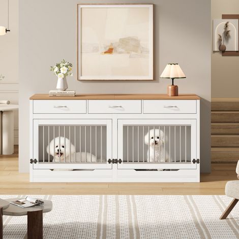 Niche cage 2 chiens intérieur bois métal 164×60×81cm serrure porte pliante séparateur amovible 3 tiroirs blanc grain bois (1/5)