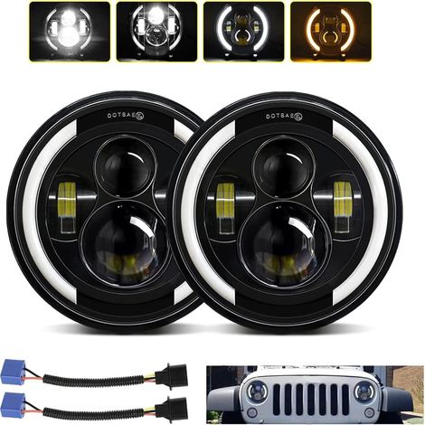 Paire 7" Phare de Travail LED 100W 10000LM 4 Lentilles Angel Eyes 3000K+6000K 4 Modes Eclairages Rond Noir Feux LED Off Road Feu Croisement DRL HI LO Beam pour JK TJ LJ CJ H1 H2 (1/5)