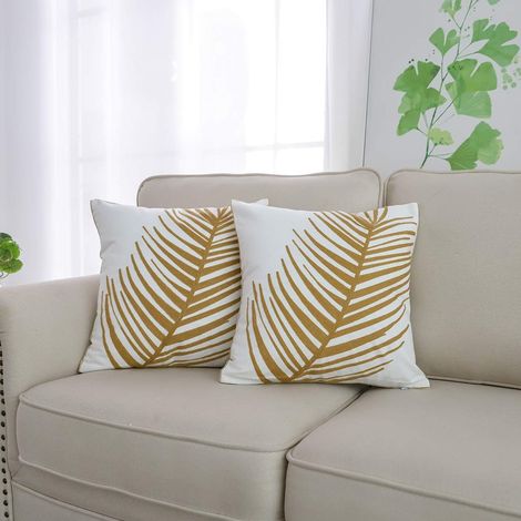 Housses de coussin décoratives à motif de plante à feuilles jaunes tropicales, 45 x 45 cm, pour canapé ou fauteuil, lot de 2, style naturel. (1/3)
