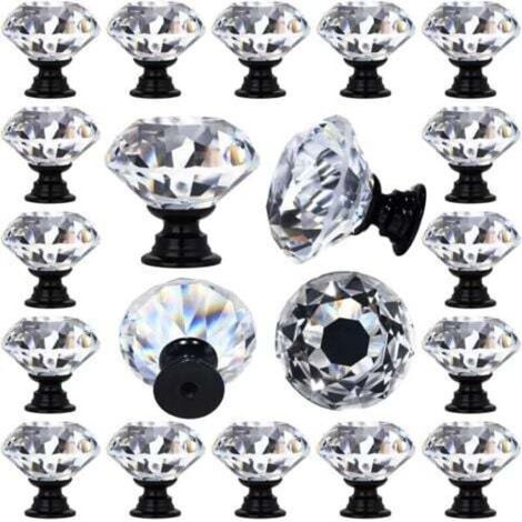 Set mit 12 dekorativen, rautenförmigen Schubladengriffen aus klarem Kristallglas für Küche und Kommode, 30 mm (1-1/4 Zoll), schwarzer Sockel