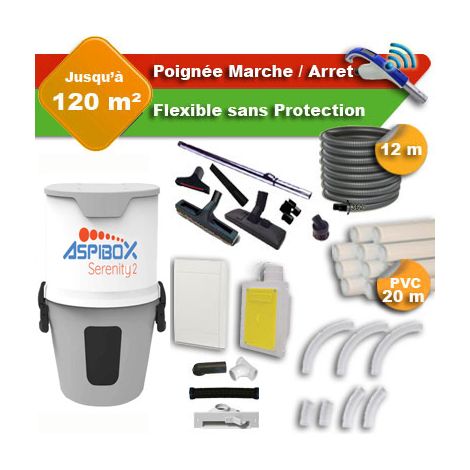 Aspirateur central ASPIBOX Serenity2 garantie 4 ans + flexible rétractable 12 m + poignée marche/arrêt + 7 accessoires + kit 1 prise RETRAFLEX + kit prise balai (rayon d'action 120 m2) (1/5)