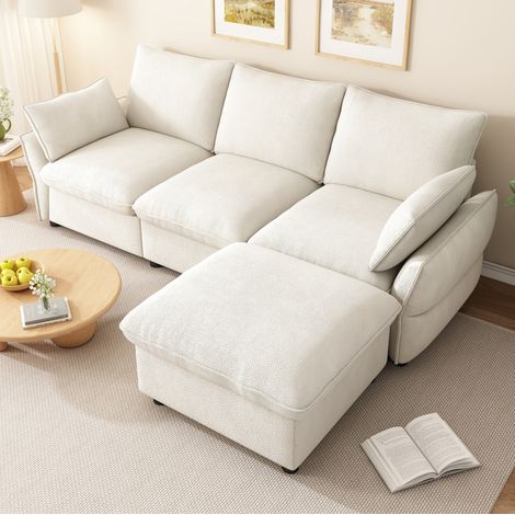 Sofá de esquina con chaise longue, 3 plazas, chenilla, beige, 222,5 x 154,5 x 76,5 cm DESVIAE (1/5)