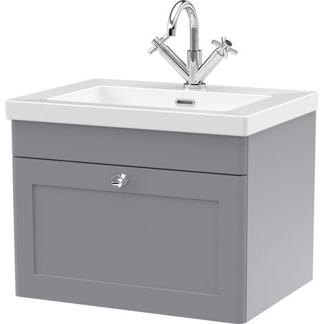 Swynnerton Traditional 1 Drawer Wall Hung Vanity Unit with Fireclay Basin, Satin Grey, 600mm