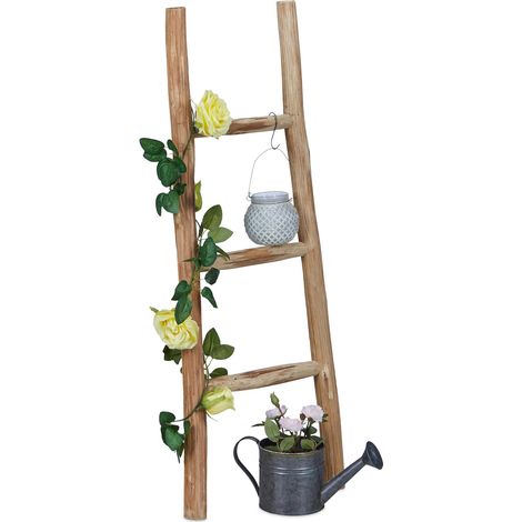 Relaxdays Escalera Decorativa 3 Peldaños, Perchero, Toallero, Adorno Hogar y Jardín, Madera Castaño, 90 cm, Natural (1/5)