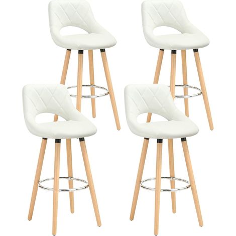 WOLTU 4X Taburetes de Bar con Respaldo Sillas de Cocina Juego de 4 Taburetes Altos Cocina Marco de Madera Maciza Imitación de Cuero Silla de Diseño Madera Blanco