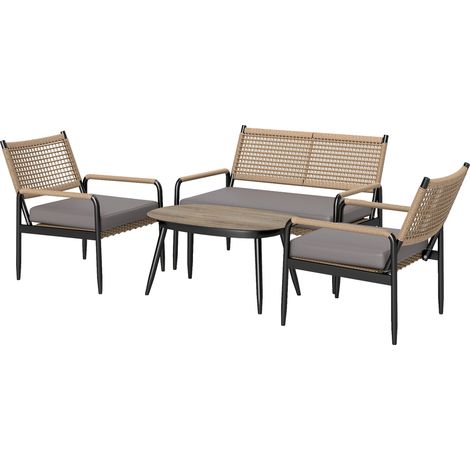 Canapé 2 places + fauteuil + table verre jardin polyrotin gris foncé jaune avec coussins 4 personnes