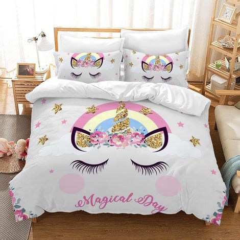 Parure de lit 140x200 cm Licorne pour enfants, microfibre, fermeture éclair