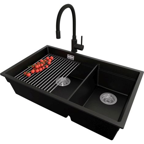 PRIMAGRAN Evier Cuisine en Granit 76x47cm, Lavabo 2 bacs + Kit de Vidage + Accessoire, Évier à Encastrer au meuble 80cm - Prague Slim Duo, Noir (1/5)