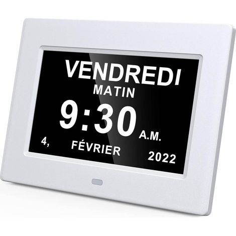 Reloj digital LCD de 7 pulgadas con calendario, fecha, día y hora, formato de reloj completo, atenuación automática, 8 idiomas, pantalla HD, recordatorio para personas con Alzheimer, ancianos y niños (1/5)