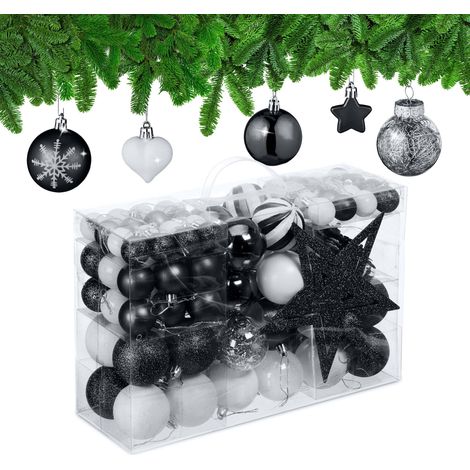 Boules de Noël, Lot de 101, en Plastique, décoration de Sapin, cœurs, étoiles et cimier, Noir/Blanc (1/5)