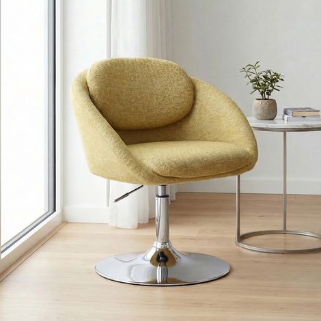 Wahson Fauteuil de Salon Moderne en Chenille, Chaise Coiffeuse Design Confortable avec Base Ronde Chromée Chaise Scandinave d'Appoint de Chambre, Jaune (1/5)