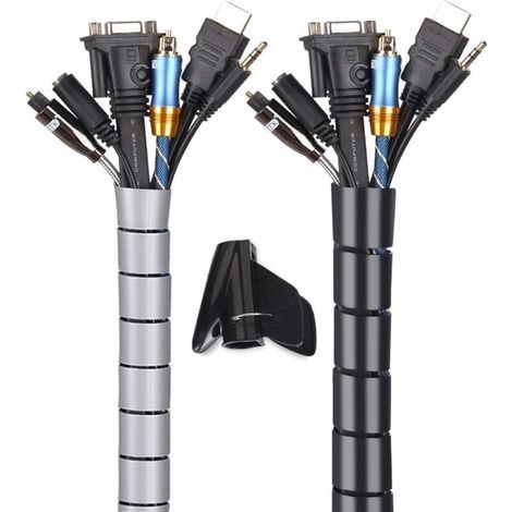 Cache Cable 2 Pack,Flexible Range Cable 2x3m PE Cable Rangement Organisateur de Cable pour Ranger ou Cacher les cables,Gaine pour cables(2.2cm et 1.6cm),Noir et Gris (1/5)