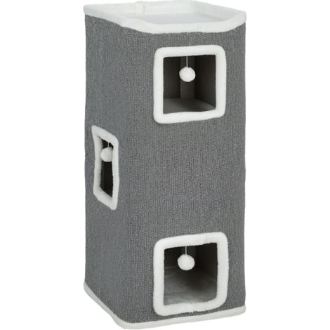 Tiragraffi a quattro livelli, con tre cucce e pali per graffiare, realizzato in truciolato, completo di palline da gioco, colore grigio, con consegna a domicilio. (1/5)