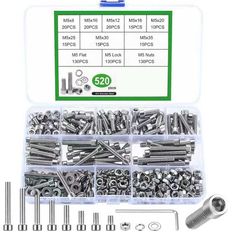 520-teiliges Set M5-Schrauben und -Muttern, M5-Innensechskantschrauben, -bolzen und -muttern aus Edelstahl für Motorräder, Autos und mechanische Anwendungen (1/5)