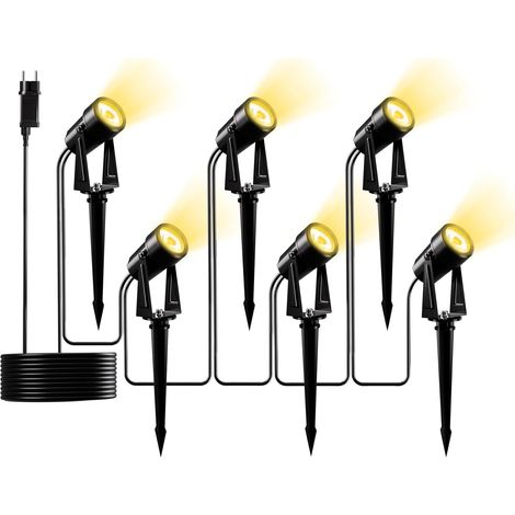 Lot de 6 Projecteur LED, Blanc chaud 3000K, IP65 étanche, Câble 20M, Pour jardin, Terrasse (1/5)