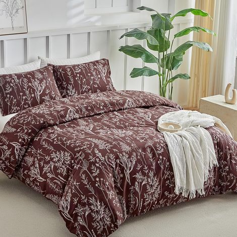 Parure de lit 3 pièces avec housse de couette 220 x 240 cm avec 2 taies d'oreiller de 50 x 75 cm, branches et feuilles, motif en microfibre, bordeaux (1/5)