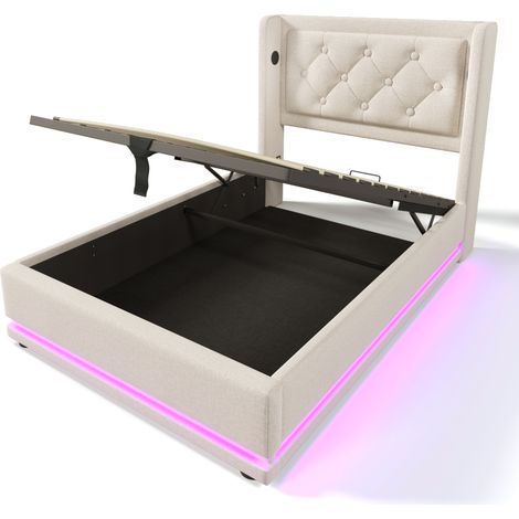 Polsterbett 90x200 cm beige mit hydraulischem Bettkasten, USB-C und LED (1/5)