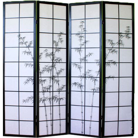Paravent bois noir avec dessin bambou noir - 4 pans