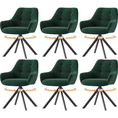 Lot de 6 Chaises de Salle à Manger Pivotantes à 360°, Chaises avec Accoudoirs en Tissu Moelleux et Piètement Métal, Chaises Confortables Pivotantes avec Dossier pour Cuisine,Bureau, Vert (1/5)