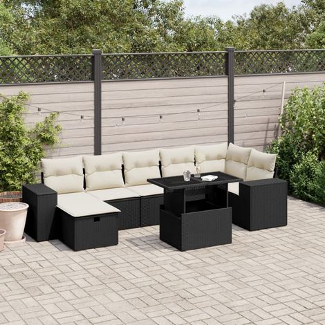 Ensemble Salon Jardin 8 Places Noir Résine Tressée avec Table Verre Trempé et Coussins Crème Amovibles (1/5)