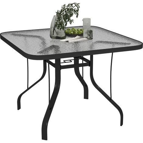 Tavolo da Giardino a 4 Posti 96,5x96,5x70 cm con Piano in Vetro e Foro per Ombrellone Ø54 mm Nero (1/5)