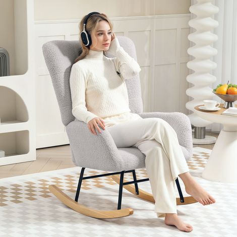 Mecedora,sillón mecedor con reposabrazos textura aterciopelada reclinable con riel deslizante de madera gris claro (1/5)