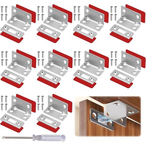 10 imanes de acero inoxidable para puertas (41 x 16 x 25 mm), cierre magnético con 40 tornillos y 20 tiras adhesivas de doble cara para puertas de armarios y alacenas. (1/4)