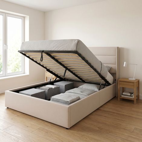 Doppelbett mit Stauraum 160x200 cm, hydraulisch hochklappbarer Lattenrost, ergonomisches Kopfteil, Leinenstoff Beige