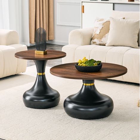 Tavolini bassi rotondi impilabili, set da 2, effetto legno noce, base in metallo nero DESVIAE (1/5)