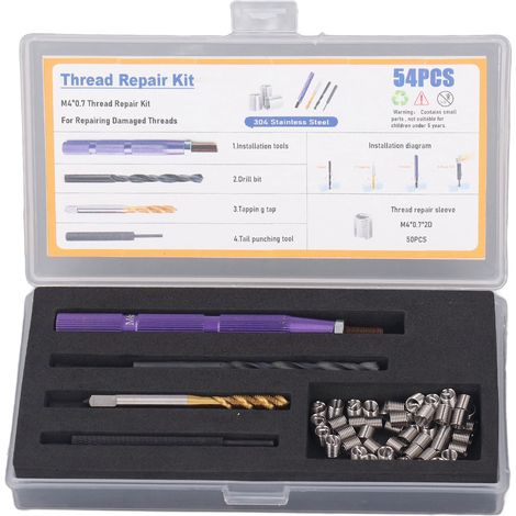 Kit de réparation de filetage métrique 54 pièces en acier inoxydable 304 pour usage domestique (1/5)