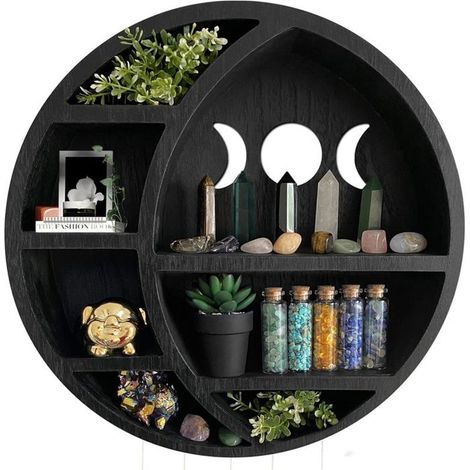 Étagère murale lune en bois – décoration murale croissant de lune noire pour chambre, rangement cristaux (1/5)