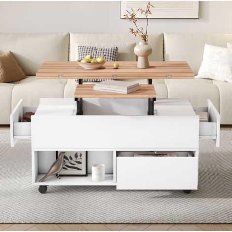 Tavolino da caffè 100x50x52 cm bianco e rovere in truciolare con piano sollevabile, 4 cassetti e ruote (1/5)