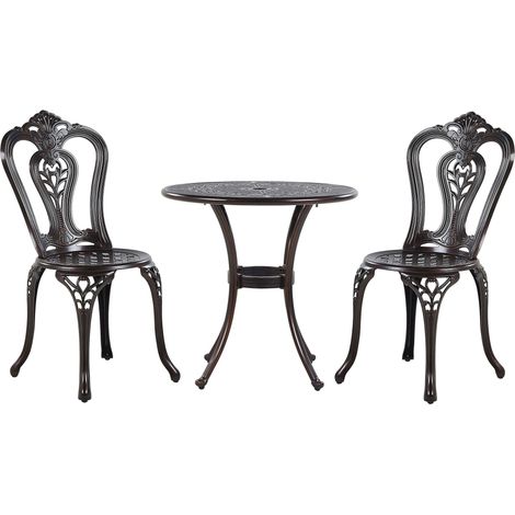 Salon de Jardin Bistrot Table Ronde 65 cm et 2 Chaises en Aluminium Effet Vieilli Marron Foncé pour Balcon ou Terrasse Classique et Vintage Beliani