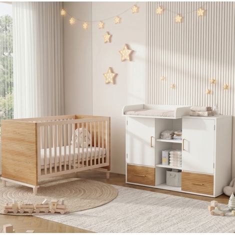 Lit bébé et table à langer avec rangement, set chambre bébé, 70 x 140 cm, naturel et blanc DESVIAE (1/5)