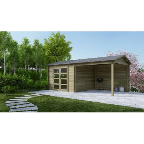 Altanka – Abri de jardin bois 17,4m2 – Dimensions 5,79x3m – Traité autoclave – Épaisseur 28mm – Couleur vert – Construction emboîtée