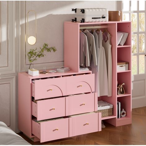 Armoire multifonction ouverte 139x35x133 cm avec 6 tiroirs et étagères latérales, chambre - rose (1/5)