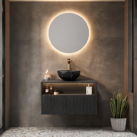 Vasque noire en céramique motif pierre meuble suspendu 80 cm (1/5)
