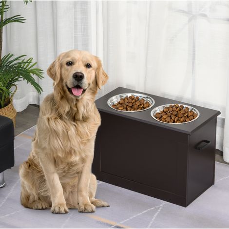 Ciotola rialzata per cani con vano contenitore, 2 ciotole, MDF, 60 x 30 x 41 cm OKMYHOME (1/5)