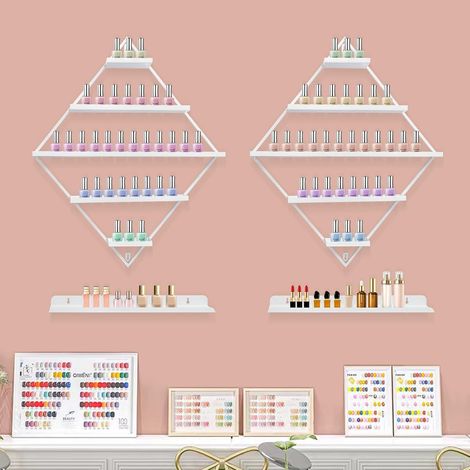 Support de rangement pour vernis à ongles 5 couches - support mural pour magasins, salons, salons de beauté (2 étagères losanges, 2 barres transversales) (blanc) (1/5)