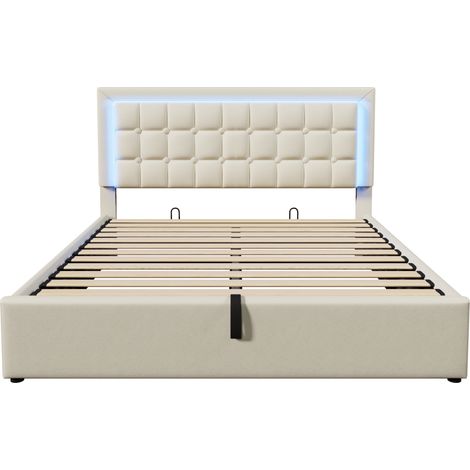 Bett mit Stauraum 140x200 cm mit LED und Matratze, weiße Kunstlederoptik MODENUIT (1/5)
