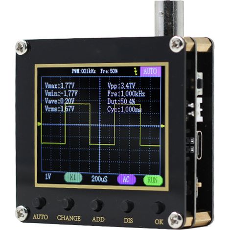 Oscilloscope numérique portable avec affichage de 2,4 pouces, transistors et forme d'onde du signal.