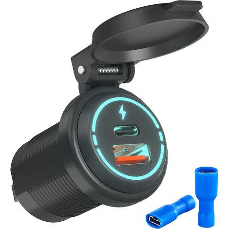 12V USB-Autoladebuchse, USB-C-Autoladebuchse, versenkte USB-Autoladebuchse für 12V/24V Autos, Motorräder, Boote und Wasserfahrzeuge, LKWs (Gletscherblau: USB + Typ C)