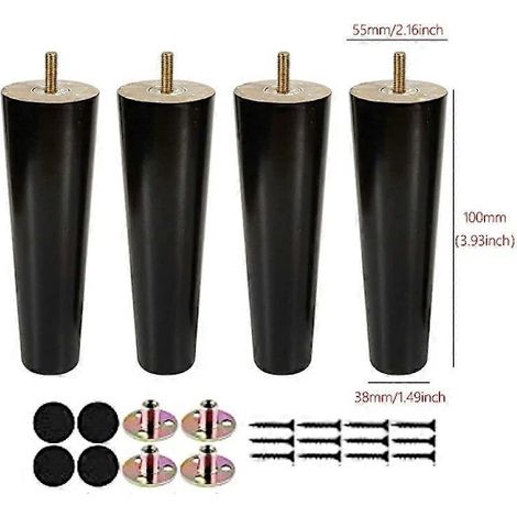 Pieds de meubles en bois massif, lot de 4 avec vis et patins de protection pour canapé, table basse, armoire, chaise, lit, noir, 10 cm (1/2)
