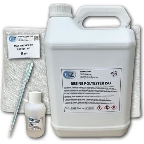 Résine Polyester 5 Kg + 5 m² Tissu de verre 300 gr/m² + Catalyseur + Pipette dosage 10 ml (1/4)