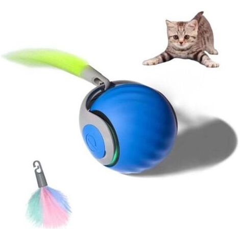 Balle interactive verte, adaptée aux chats et aux chiens, avec une queue duveteuse qui roule à 360°, jouet intelligent, bleu. (1/4)