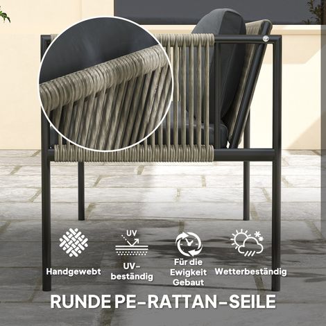 Ensemble de jardin 4 pièces, 1 canapé, 2 fauteuils, 1 table avec plateau en verre, coussins, cadre en acier, rotin synthétique, gris (1/5)