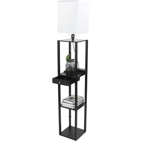 Lampadaire carré avec étagère de rangement à 3 niveaux et petit tiroir pour la maison, prise 110-240 V. (1/5)