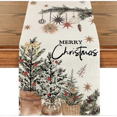 Chemin de table « Joyeux Noël » avec sapins de Noël, houx et pommes de pin, décoration hivernale pour la table de la cuisine ou de la salle à manger, 33 x 183 cm (1/5)