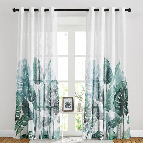 2 rideaux voilages à œillets, 132x213 cm, lin imprimé feuilles vertes, filtration lumineuse, salon chambre